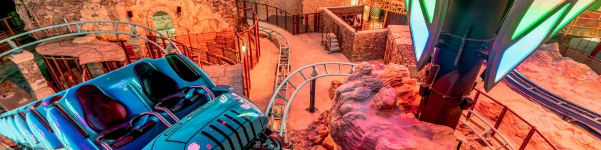 Hop aboard a caravan of off-road vehicles and race around the rocky lands of Oryxville on a pleasantly thrilling roller coaster adventure for the whole family.